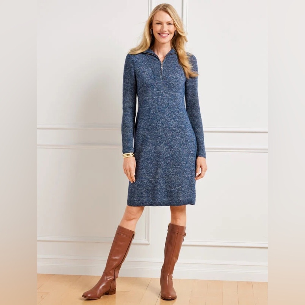 Talbots Zip Collar Sweater Dress Blue Multi Size L Modern Classic Preppy Cozy